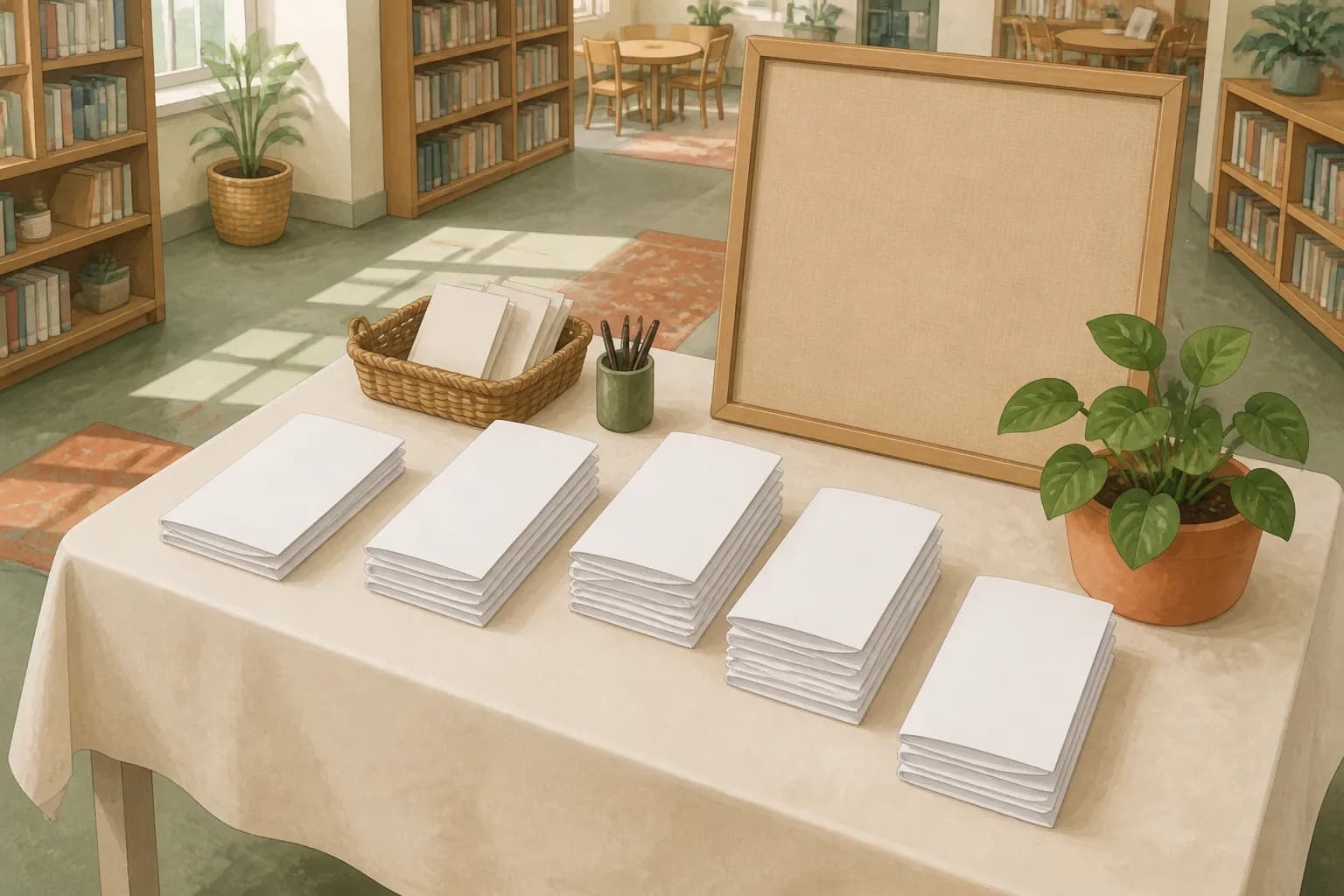Illustration of a community information table with blank pamphlets, a plant, and an empty noticeboard.