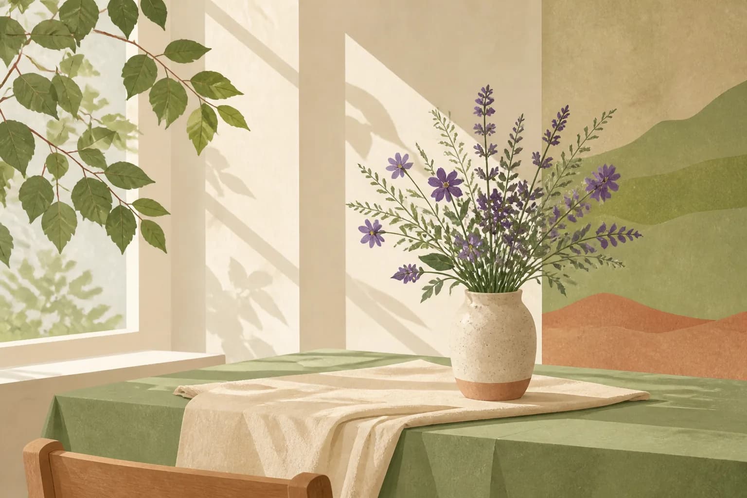 Illustration of purple wildflowers in a ceramic vase on a quiet remembrance table.
